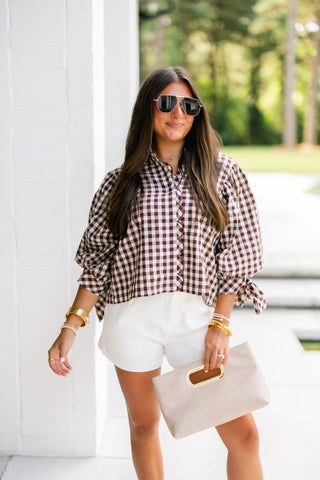 Sweet and Scalloped Brown Gingham Top