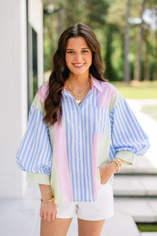 Pastel Remix Stripe Button Down Top - Instyle Boutique
