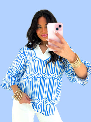 Celeste Geo Print Scallop Neck Puff Sleeve Top - Instyle Boutique