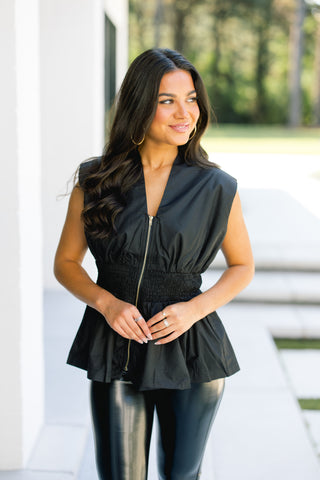 Zip Into Style Black Peplum Top