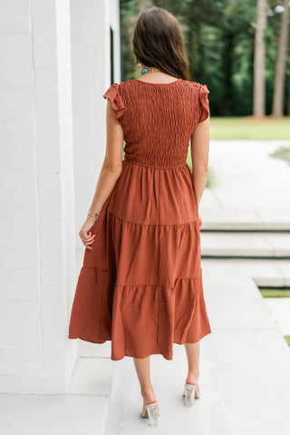 Rylee Ruffled Sleeve Dress-Rust