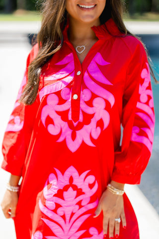 Red Damask Embroidered Ruffle Neck Mini Dress - Instyle Boutique