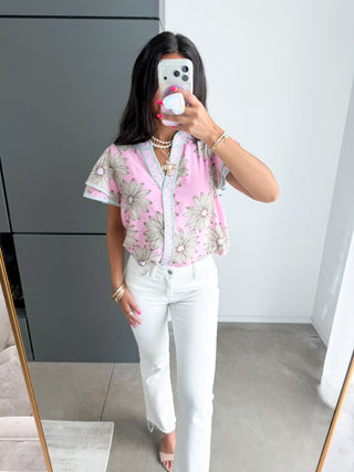 Pink Daisy Print Flutter Sleeve Top - Instyle Boutique