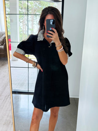The Stripe Collar Shift Dress- Black - Instyle Boutique
