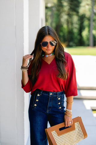 Happy Hour V-Neck Dolman Top-Burgundy - Instyle Boutique