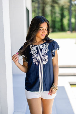 Midnight Mirage Navy Embroidered Top - Instyle Boutique