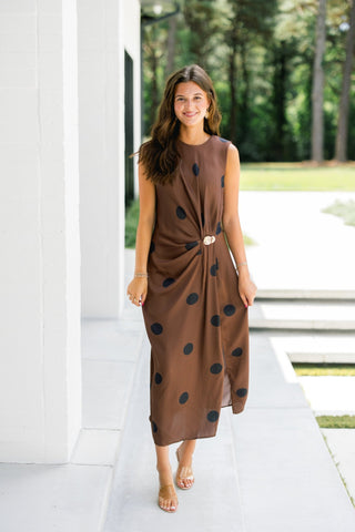 Espresso Dot Draped Midi Dress - Instyle Boutique