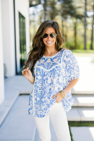 Blue Porcelain Print Puff Sleeve Top - Instyle Boutique