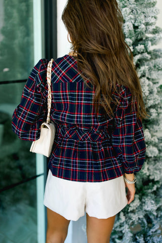 The Blair Navy Plaid Peplum Top - Instyle Boutique