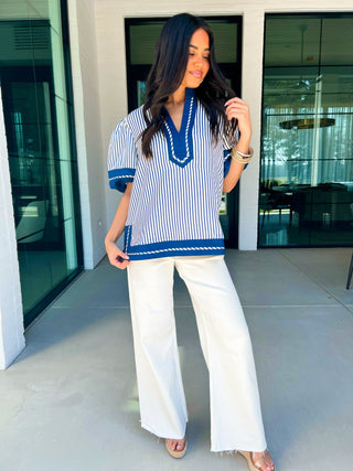 Coastal Classic Navy Puff Sleeve Top - Instyle Boutique