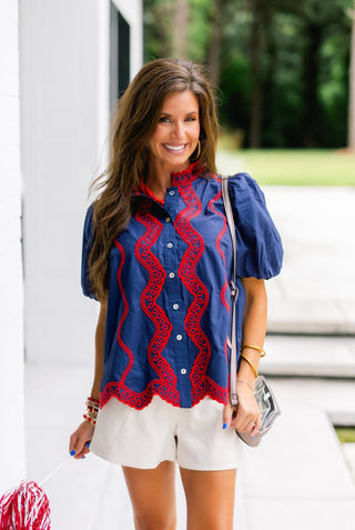 Navy Scallop Eyelet Blouse - Instyle Boutique