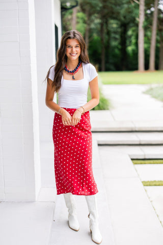 Red Velvet Dot Satin Maxi Skirt - Instyle Boutique