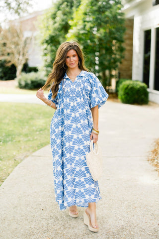 Coastal Smocked Midi Dress – Romantic Puff Sleeve Floral - Instyle Boutique