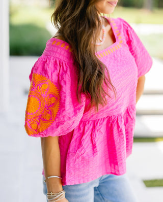 Fiesta Pink Embroidered Peplum Top - Instyle Boutique