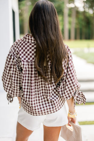 Sweet and Scalloped Brown Gingham Top