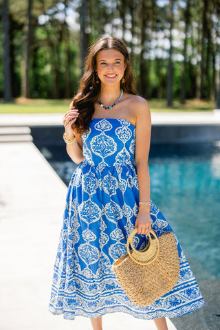 Santorini Tile Strapless Blue Midi Dress - Instyle Boutique
