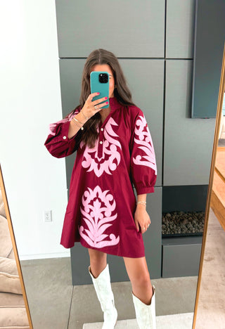 Burgundy Embroidered Ruffle Neck Mini Dress - Instyle Boutique