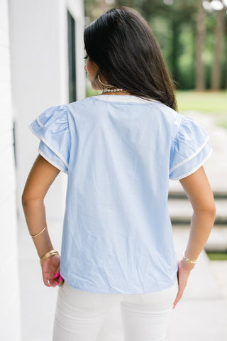 Sky Blue Floral Applique Flutter Sleeve Top - Instyle Boutique
