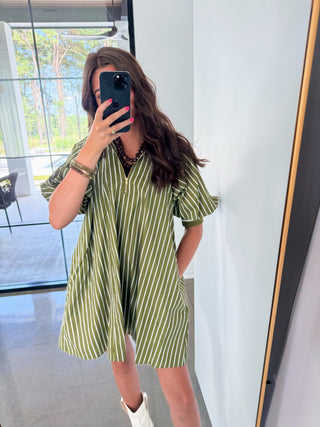 Sage Striped Zipper Dress