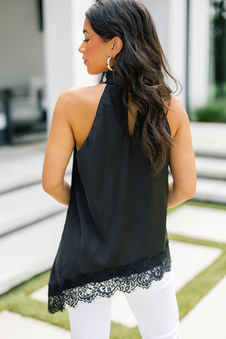 Black Satin Halter Top with Lace Hem - Instyle Boutique