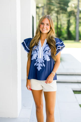 No Big Deal Navy Embroidered Top