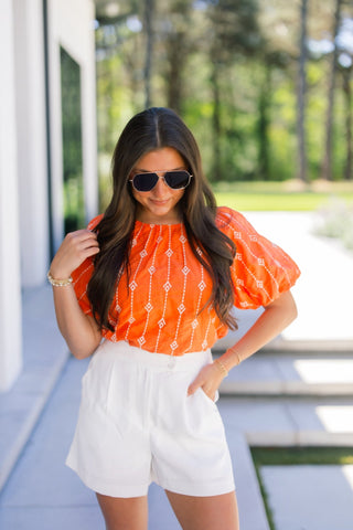 Tangerine Dream Embroidered Puff Sleeve Top - Instyle Boutique