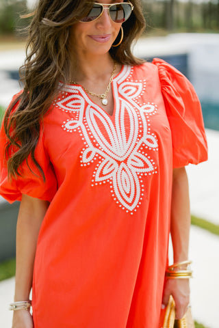 Coral Crush Embroidered Shift Dress