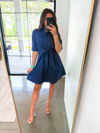 Bow & Order Shirt Dress-Navy