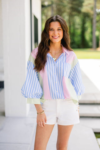 Pastel Remix Stripe Button Down Top - Instyle Boutique