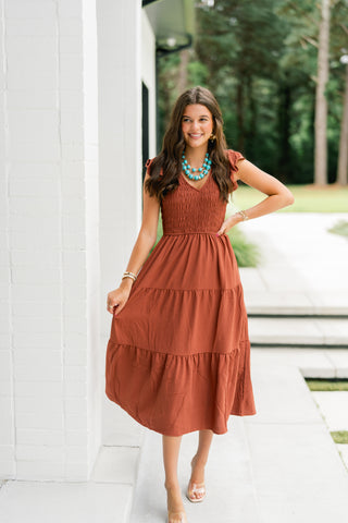 Rylee Ruffled Sleeve Dress-Rust