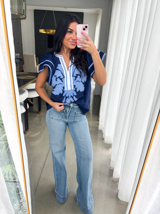 No Big Deal Navy Embroidered Top
