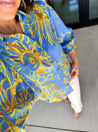 Blue and Bold Sunflower Top