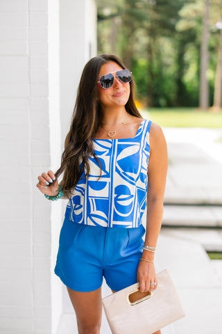 Azure Mosaic Square Neck Top