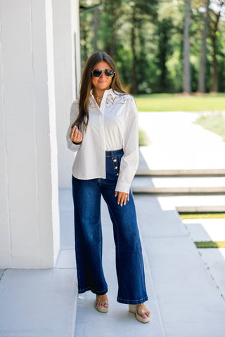 White Lace Cutout Button-Down Shirt - Instyle Boutique