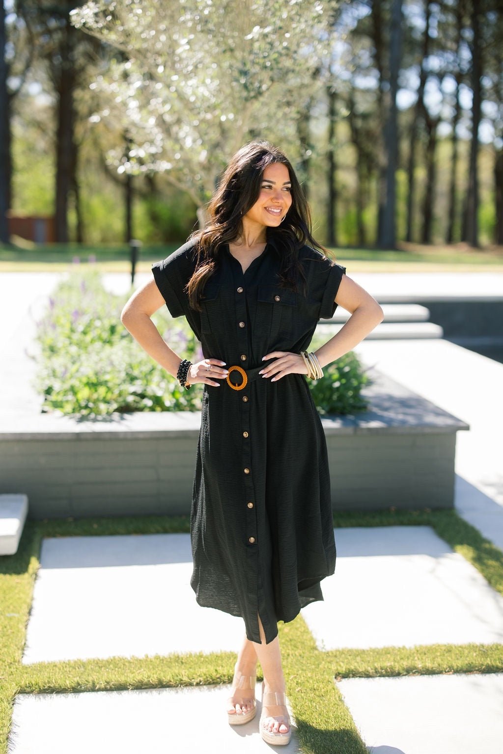 Belted Utility Shirt Dress Black