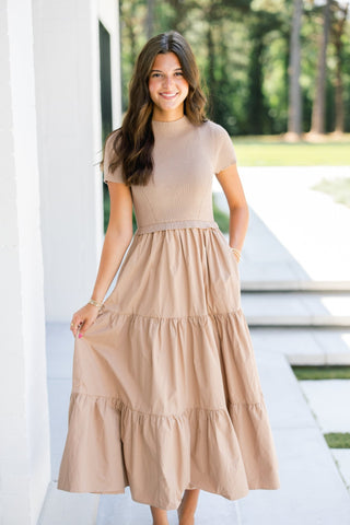 Tawny Taupe Mixed Media Dress - Instyle Boutique