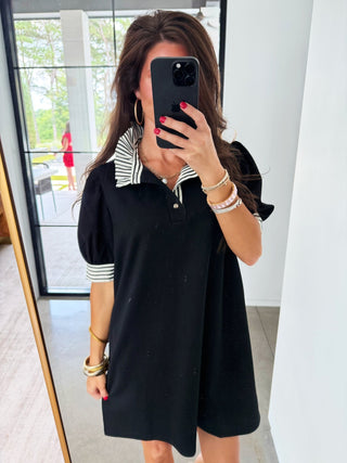 The Stripe Collar Shift Dress- Black - Instyle Boutique
