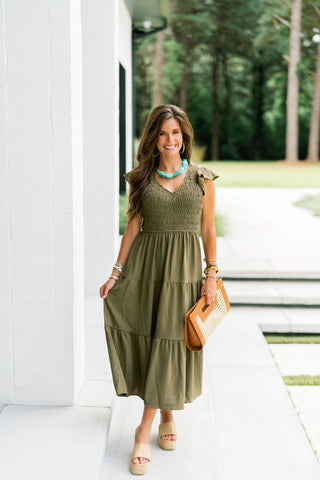 Rylee Ruffled Sleeve Dress-Olive