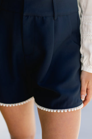 Luxe Navy Pearl Trimmed Pleated Shorts - Instyle Boutique