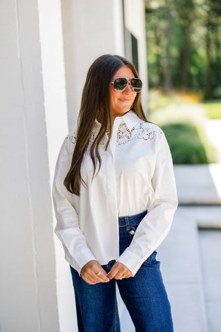White Lace Cutout Button-Down Shirt - Instyle Boutique