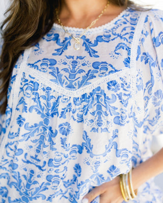 Blue Porcelain Print Puff Sleeve Top - Instyle Boutique