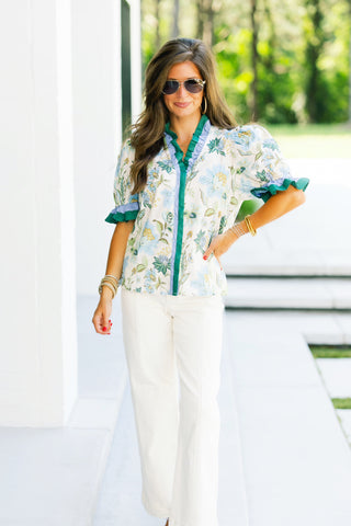 Floral Frills Top-Ecru