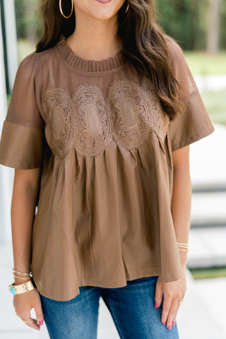 Mocha Lace Faux Leather Babydoll Top