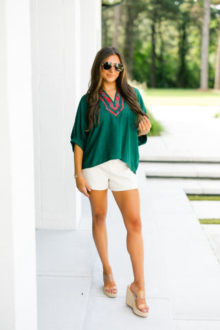 Green Dolman Sleeve Top with Red Plaid Trim