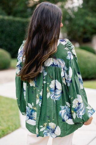 Forest Garden Floral Balloon Sleeve Button Down Top - Instyle Boutique
