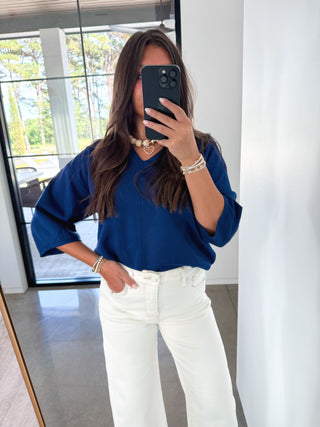 Happy Hour V-Neck Dolman Top-Navy