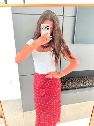 Red Velvet Dot Satin Maxi Skirt - Instyle Boutique