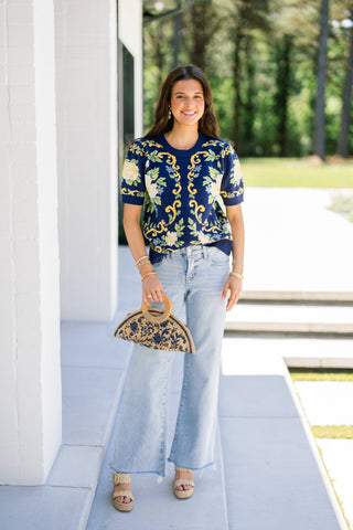 Navy Floral Short Sleeve Sweater Top - Instyle Boutique