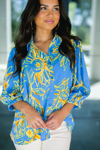Blue and Bold Sunflower Top