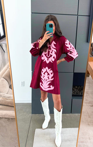 Burgundy Embroidered Ruffle Neck Mini Dress - Instyle Boutique